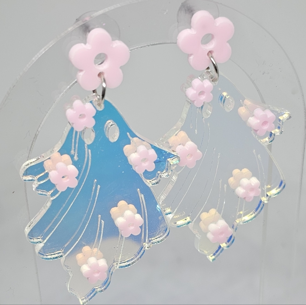 Acrylic Ghost pink Flower Earrings Halloween